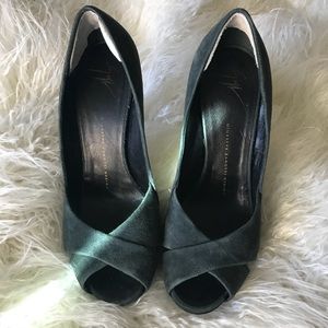 Giuseppe Zanotti dark green suede heels.